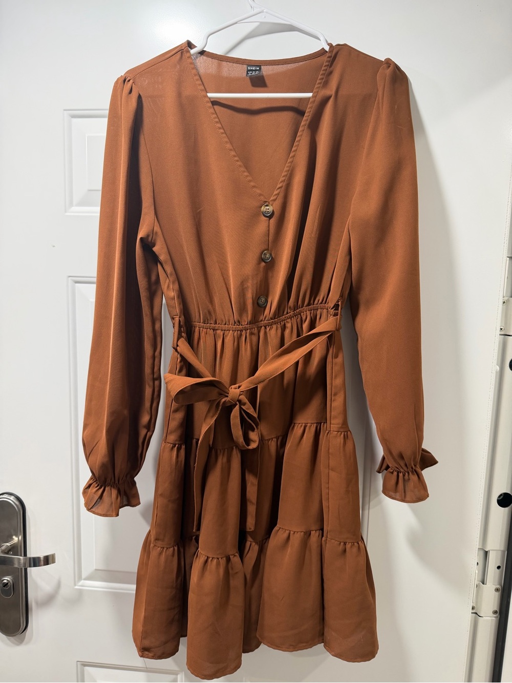 Women’s Rust Brown Tiered V-Neck Dress with Waist Tie